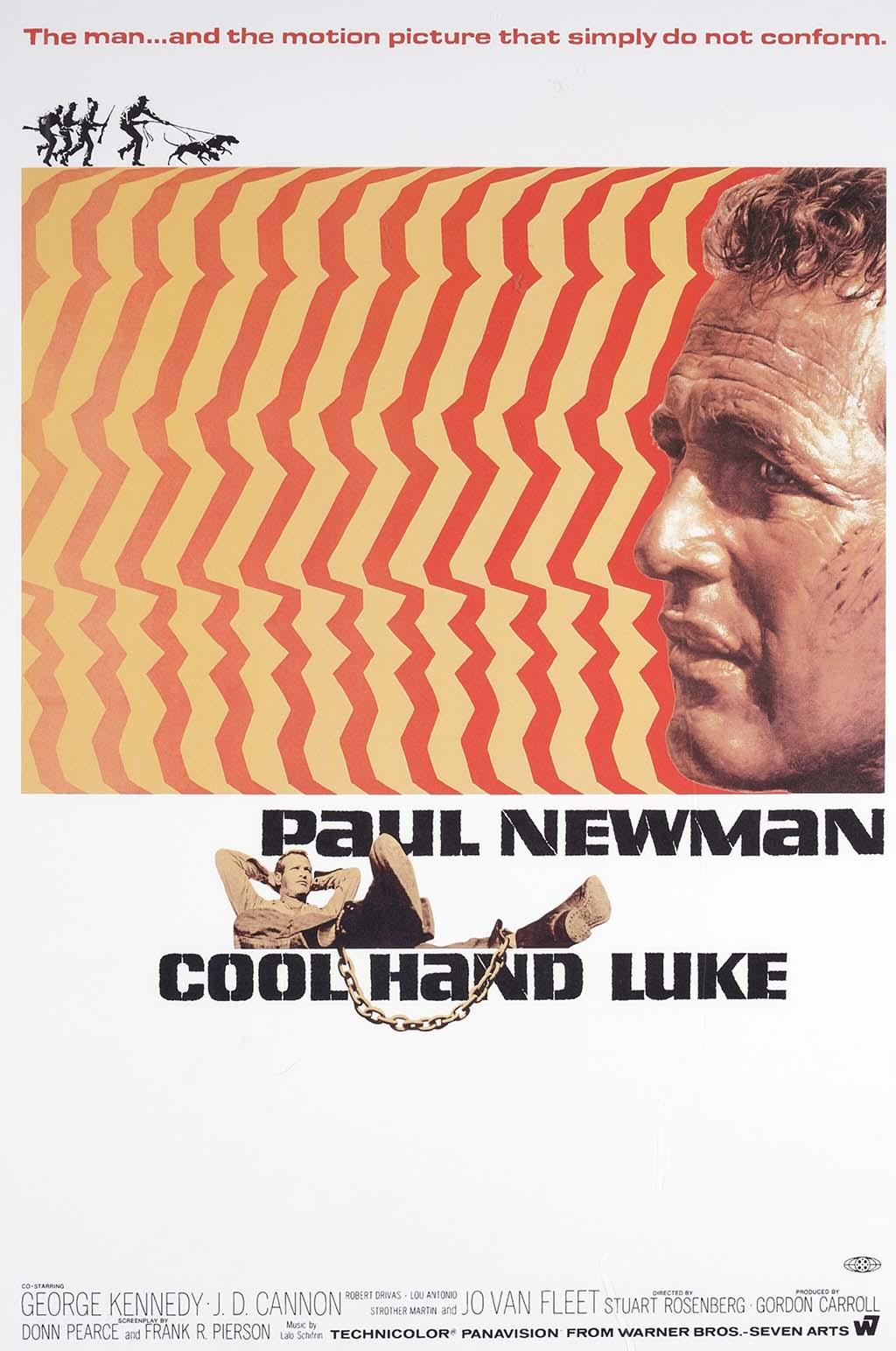 Original Cool Hand Luke movie poster art featuring a dramatic close-up of Paul Newman on a bold red and yellow striped background.