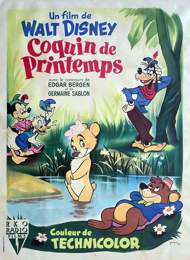 Vintage French movie poster for Walt Disney's Fun and Fancy Free (Coquin de Printemps) featuring Mickey Mouse, Donald Duck, Goofy, Bongo the Bear, and Lulubelle near a stream.