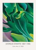 Georgia O'Keeffe’s 1924 painting, Corn, No. 2, featuring magnified, abstracted forms of green leaves with accents of yellow and lavender.