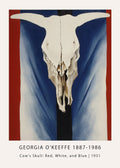 High-resolution art reproduction of Georgia O'Keeffe's 1931 painting featuring a bleached cow skull against draped patriotic colors.