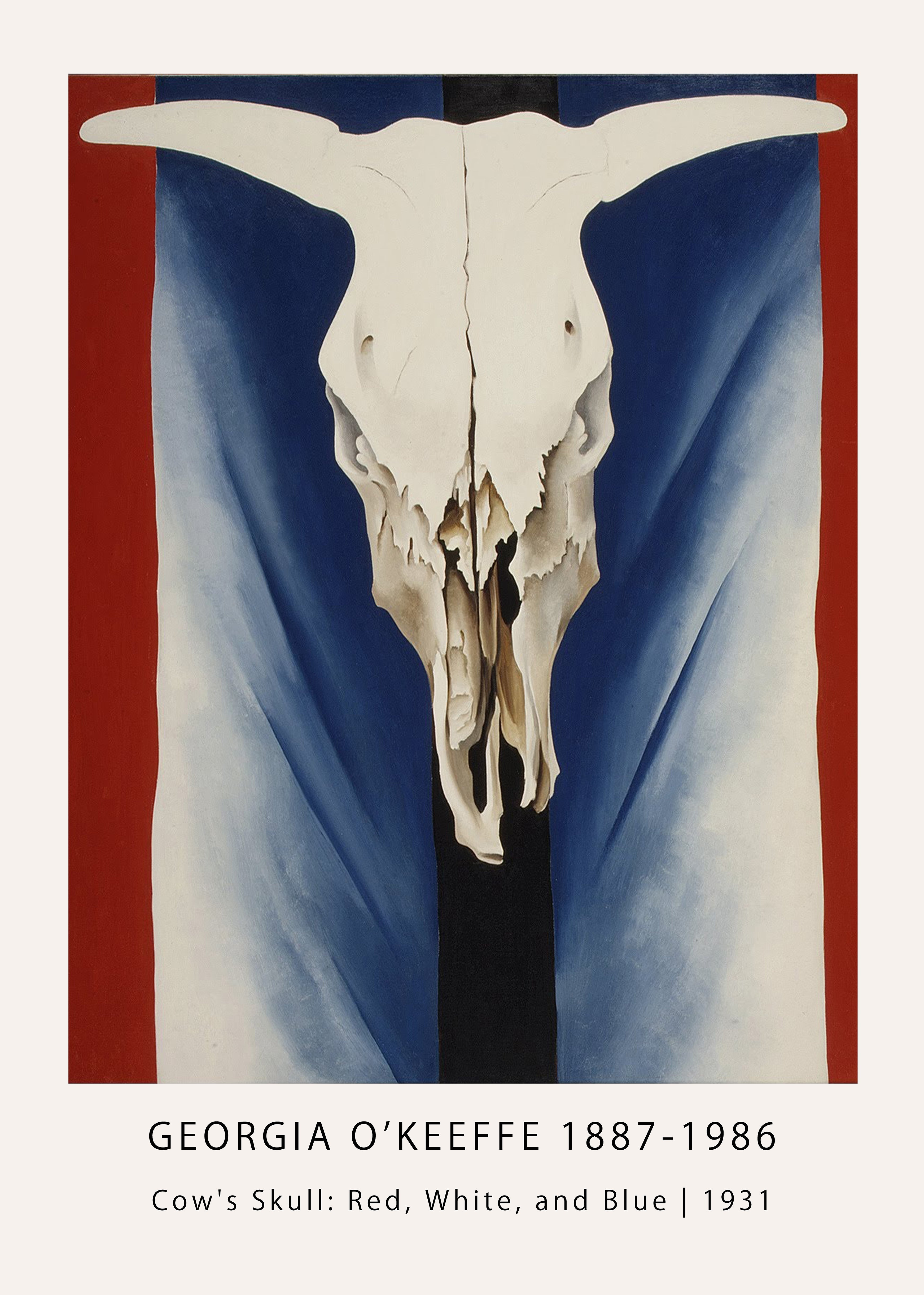 High-resolution art reproduction of Georgia O'Keeffe's 1931 painting featuring a bleached cow skull against draped patriotic colors.