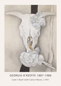 Georgia O'Keeffe's Cow's Skull with Calico Roses (1931) painting, featuring a stark white bovine skull and soft flowers on a neutral canvas.