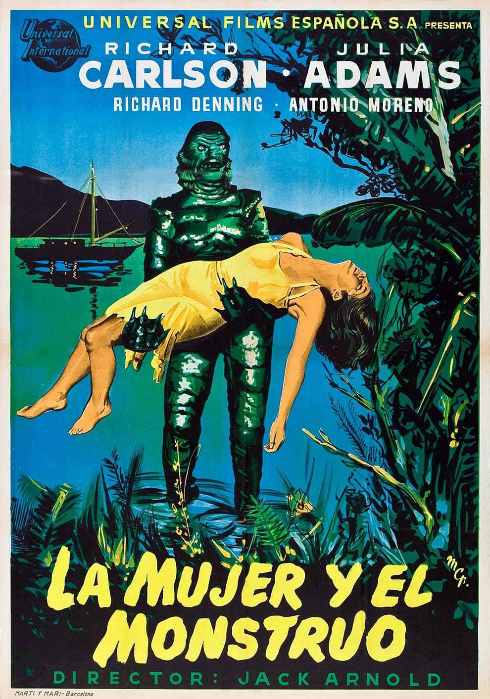 Spanish promotional poster for Creature from the Black Lagoon (La Mujer y El Monstruo) showing the Gill-Man holding the captive woman against a bright blue and jungle green background.
