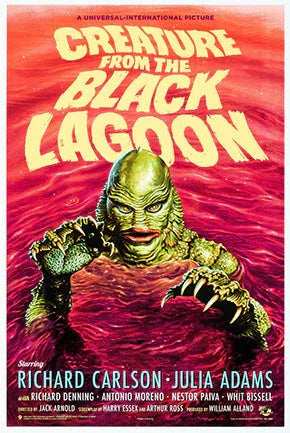 Creature from the Black Lagoon movie poster featuring green amphibious monster rising from red water