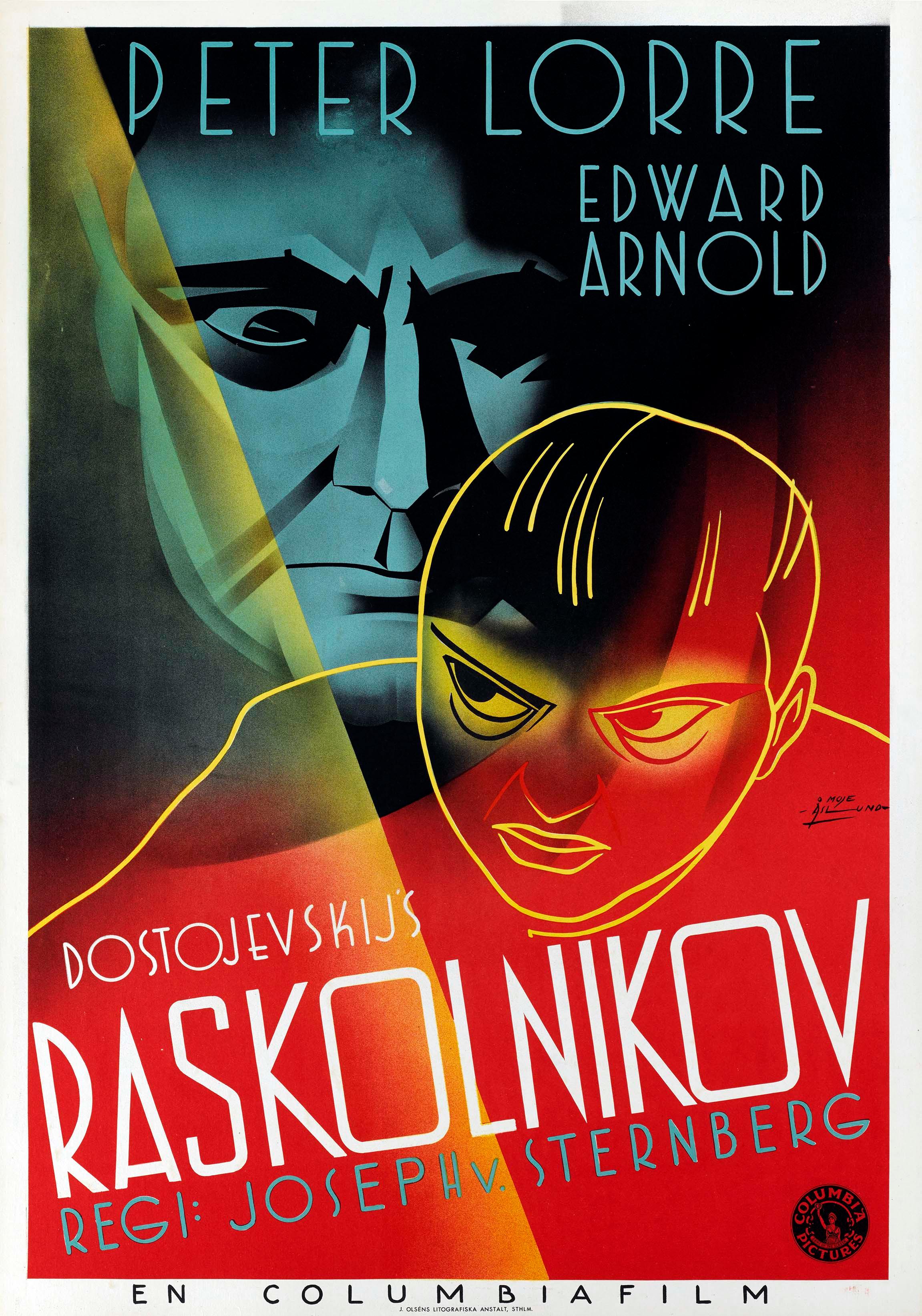 Vintage Swedish style movie poster for the 1935 film Raskolnikov (Crime and Punishment) featuring bold Art Deco graphics, red and black colors, and Peter Lorre.