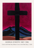 Georgia O'Keeffe painting, Cross with Red Sky (1929), featuring a monumental black cross against a brilliant magenta sky and dark New Mexico mountains.