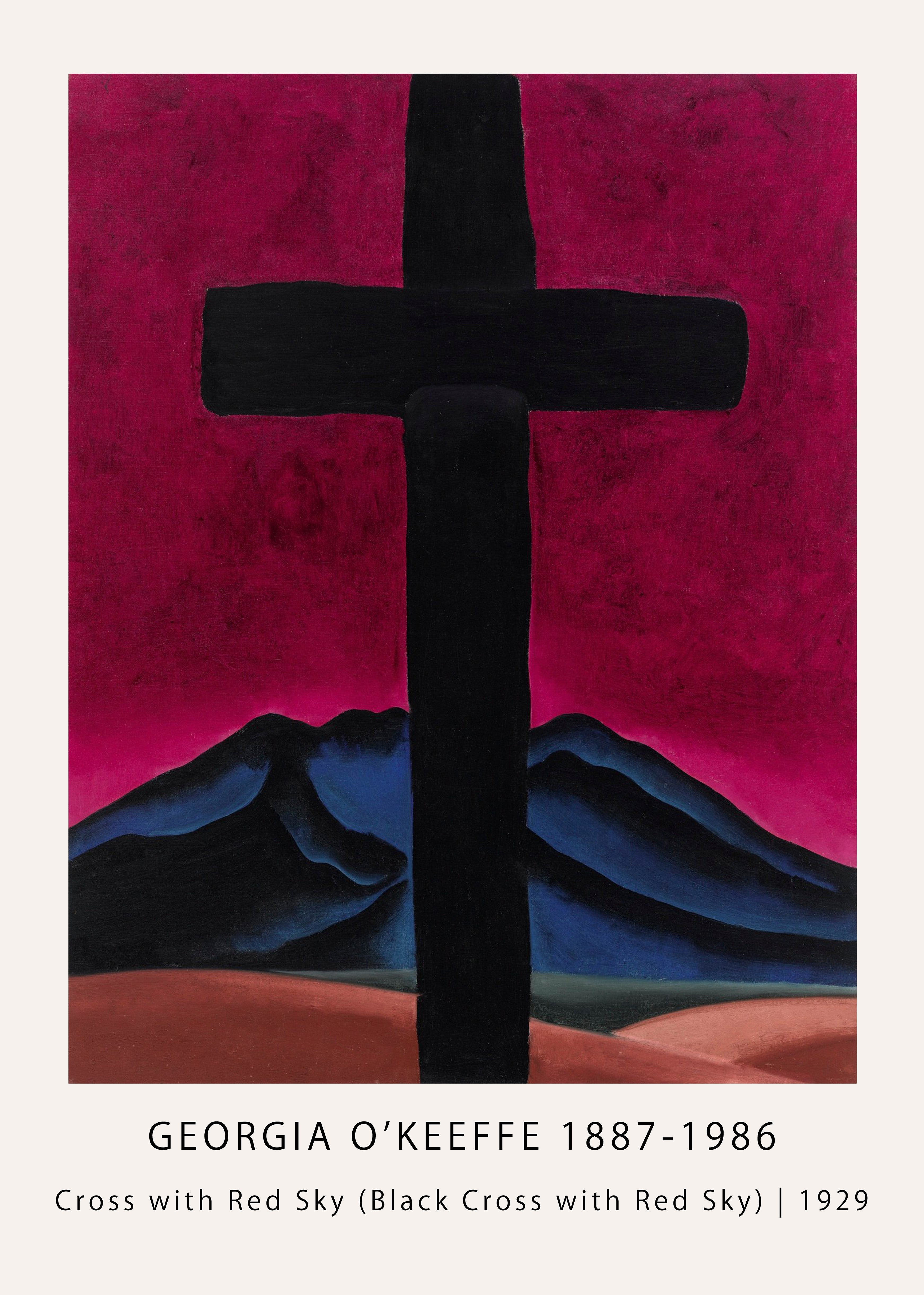 Georgia O'Keeffe painting, Cross with Red Sky (1929), featuring a monumental black cross against a brilliant magenta sky and dark New Mexico mountains.