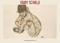 Egon Schiele's 1914 watercolor and pencil drawing of a crouching female figure, featuring pale skin, expressive lines, and red lipstick, characteristic of Expressionist art.