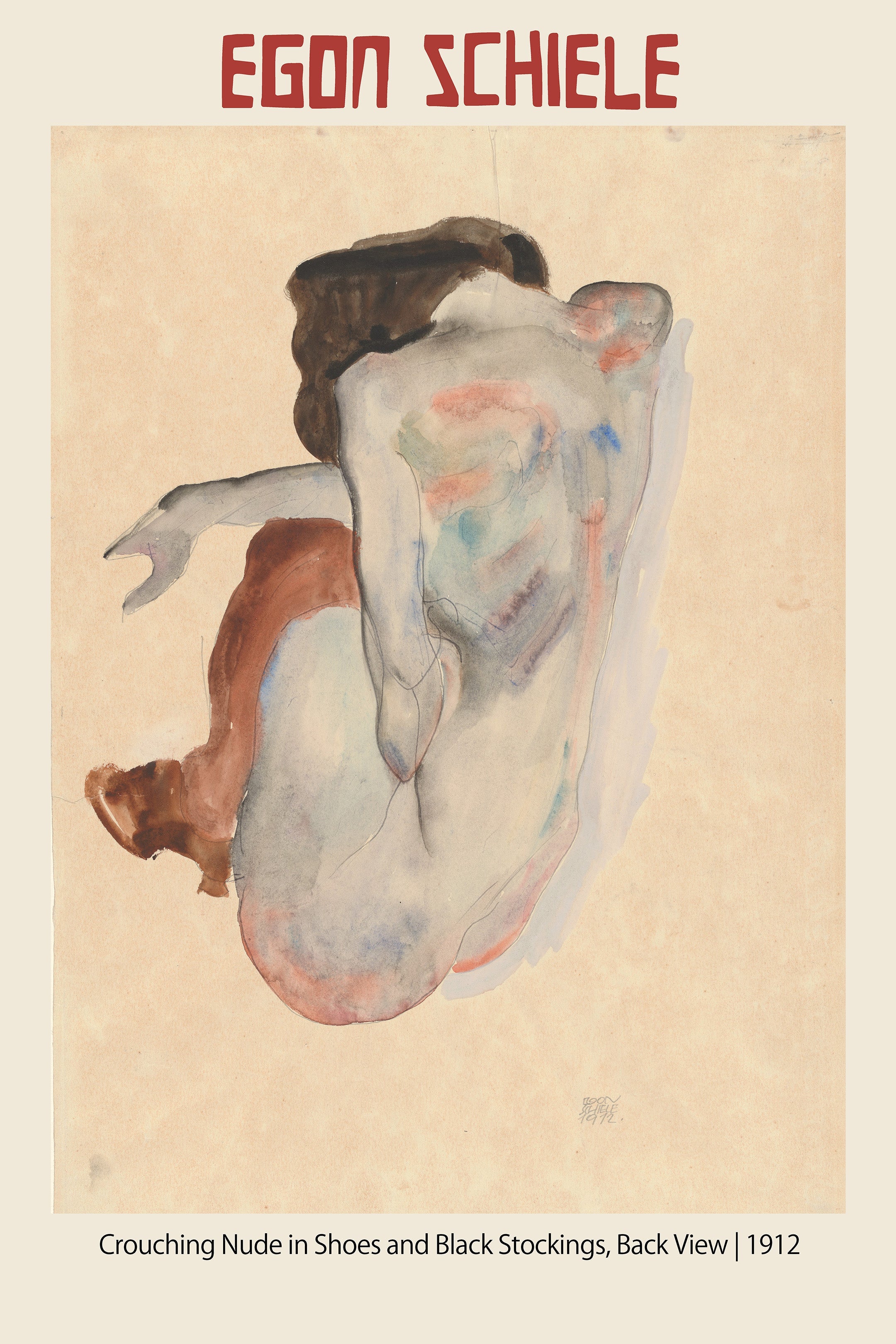 Egon Schiele expressionist watercolor painting of a crouching nude female figure viewed from the back, created in 1912.