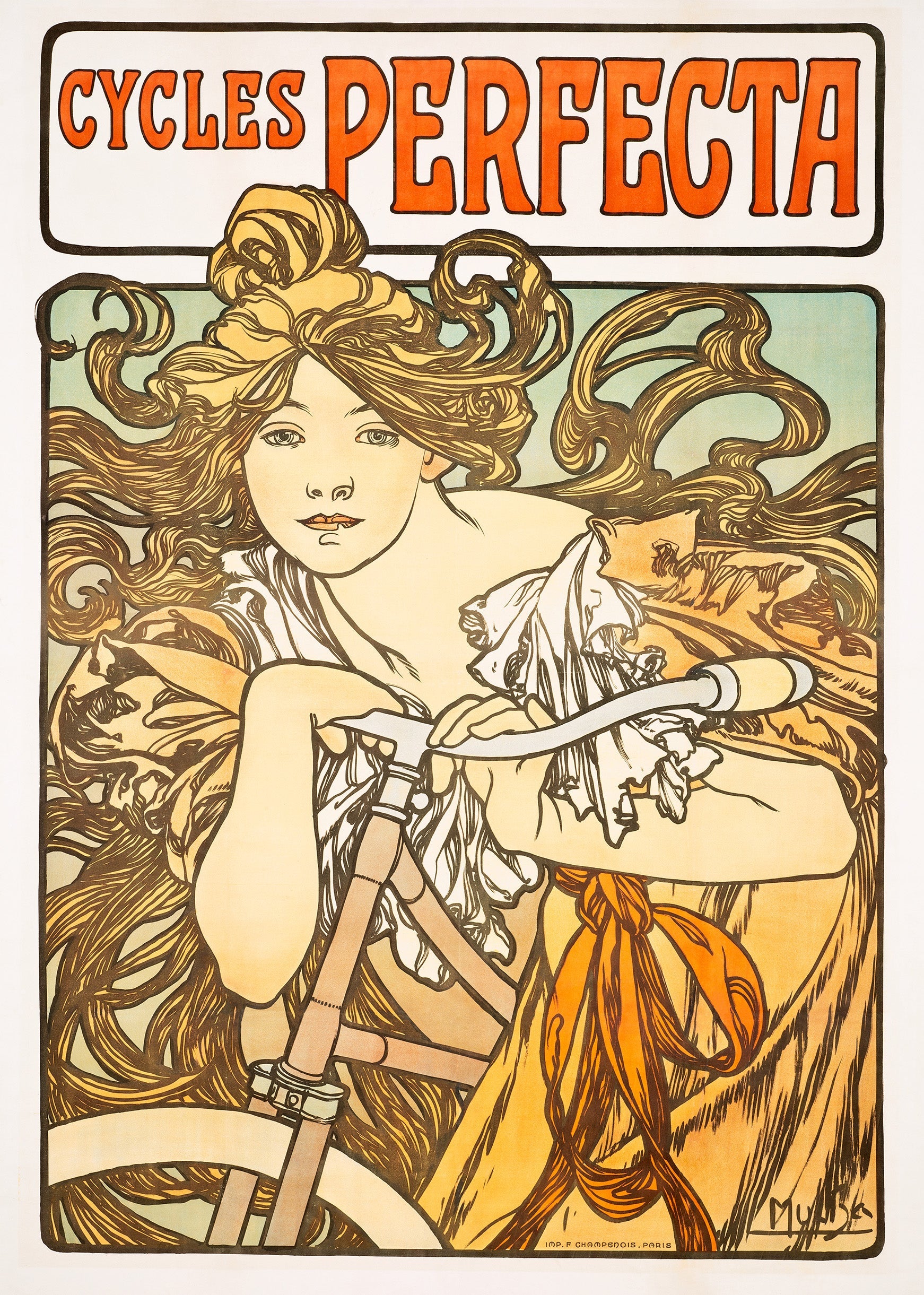 High-resolution reproduction of Alphonse Mucha's 1897 Art Nouveau advertisement for Cycles Perfecta, showing a woman with flowing hair holding a bicycle.