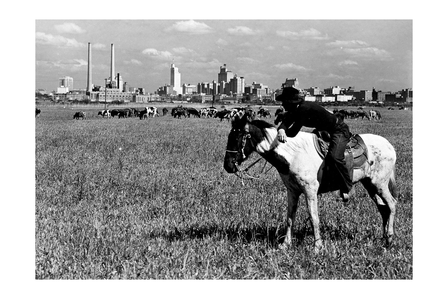 Dallas Texas Skyline - Vintage Western Rancher on Horseback | Industrial Cityscape Art Poster