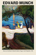 Textured painting by Edvard Munch showing figures dancing on a beach at sunset, featuring swirling blue water and green trees in a classic Expressionist style.
