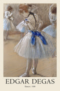 Close-up pastel sketch by Edgar Degas showing a ballerina adjusting her white tutu and vibrant blue sash in a soft brown studio setting.