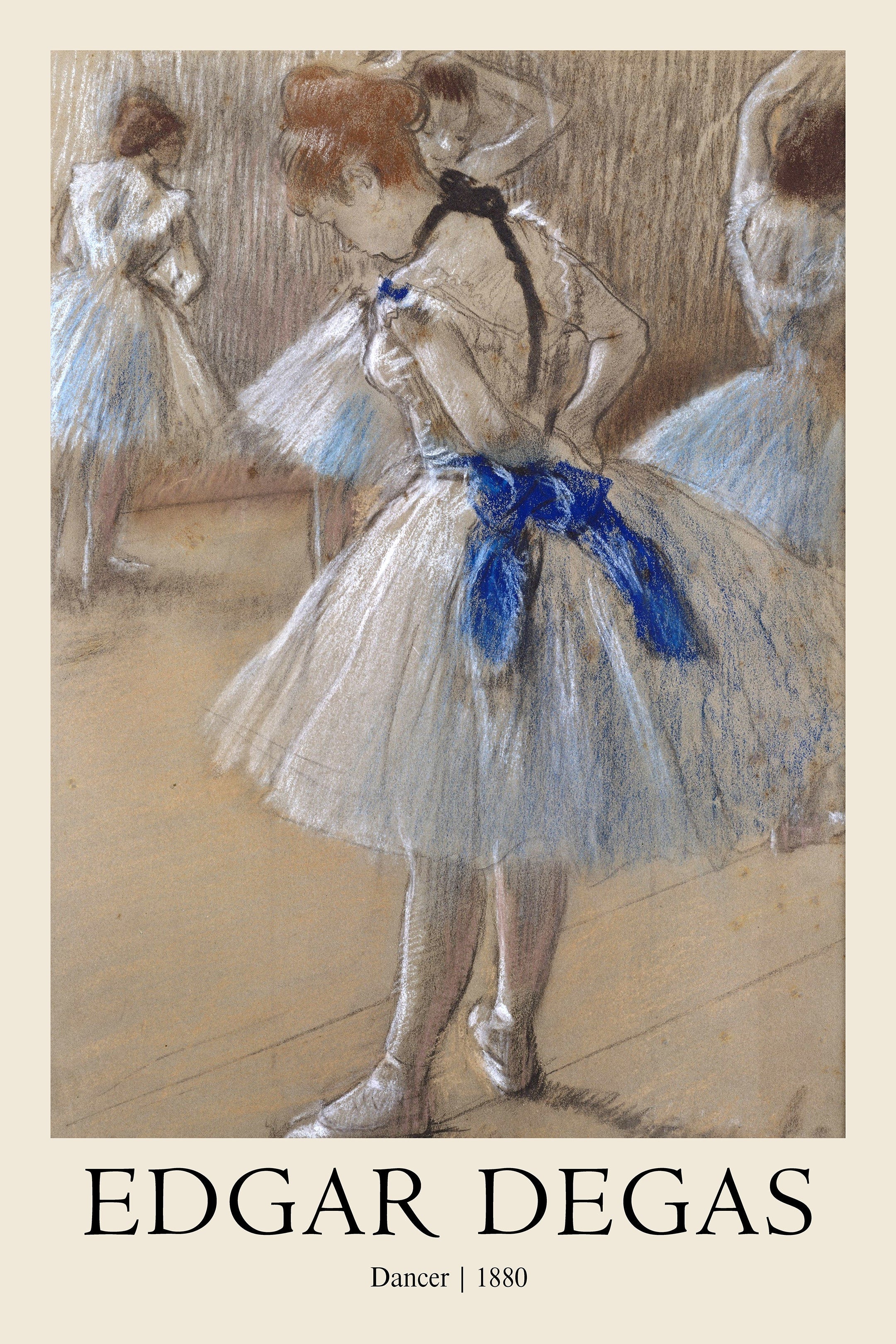 Close-up pastel sketch by Edgar Degas showing a ballerina adjusting her white tutu and vibrant blue sash in a soft brown studio setting.