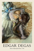 Impressionist pastel drawing by Edgar Degas showing a ballerina adjusting her shoe, featuring expressive charcoal lines and blue highlights.