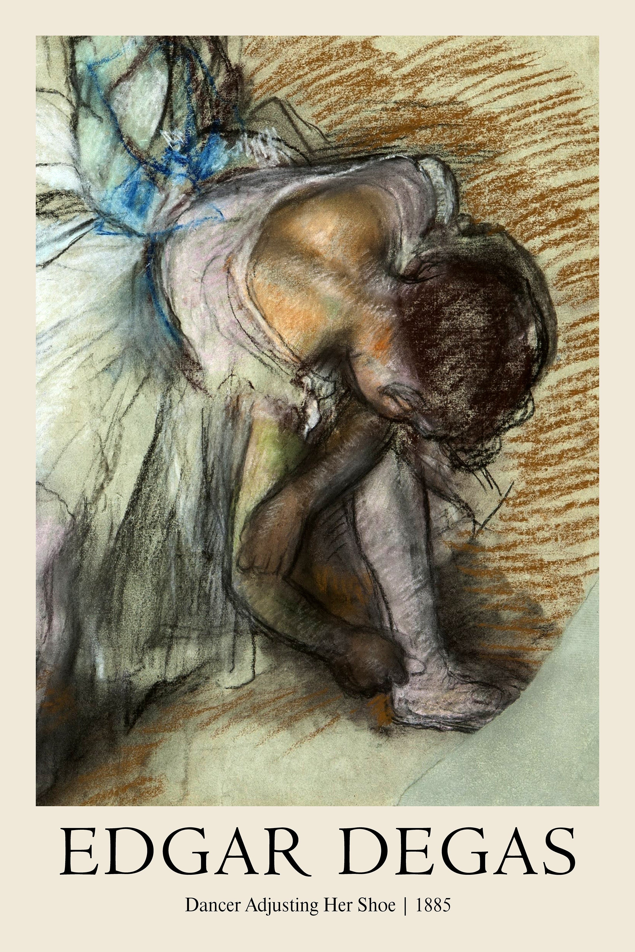 Impressionist pastel drawing by Edgar Degas showing a ballerina adjusting her shoe, featuring expressive charcoal lines and blue highlights.