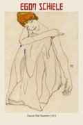 High-quality poster reproduction of Egon Schiele's 1913 drawing, depicting a seated female dancer in minimal lines, wearing an orange headband.