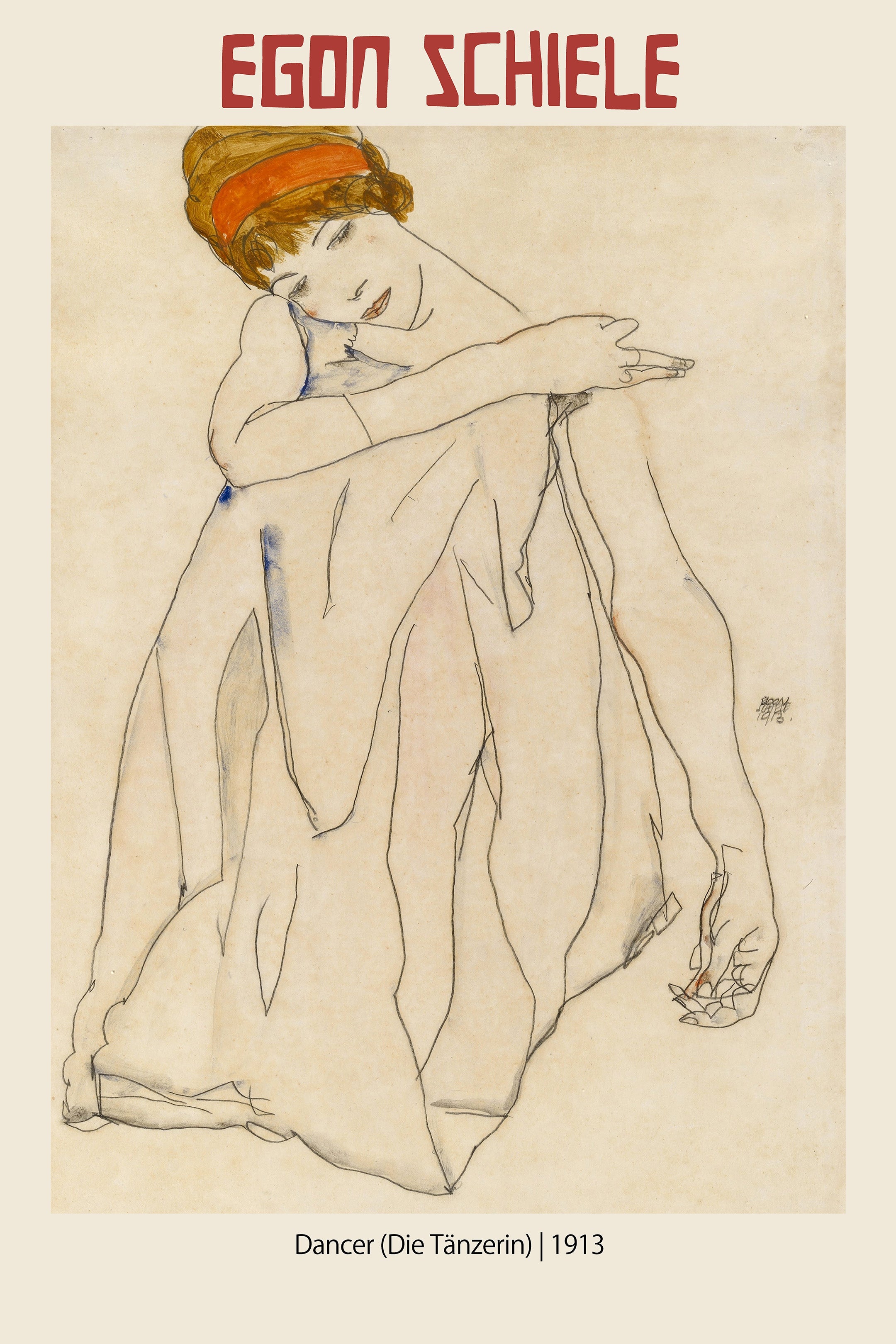 High-quality poster reproduction of Egon Schiele's 1913 drawing, depicting a seated female dancer in minimal lines, wearing an orange headband.