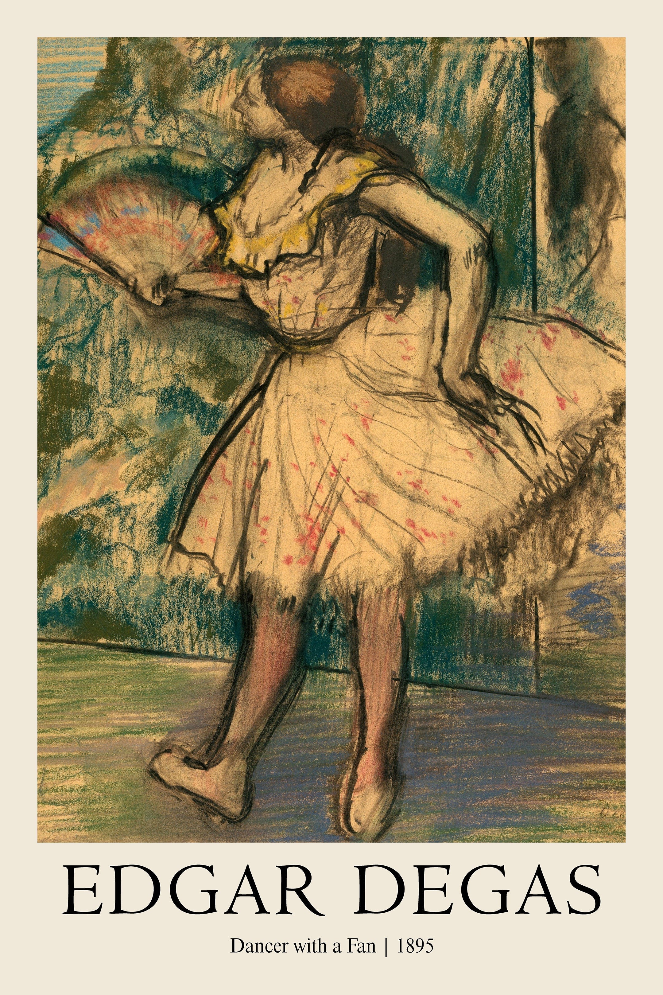 An 1895 pastel drawing by Edgar Degas depicting a ballet dancer in a white tutu holding a striped fan against a dark green and blue background.