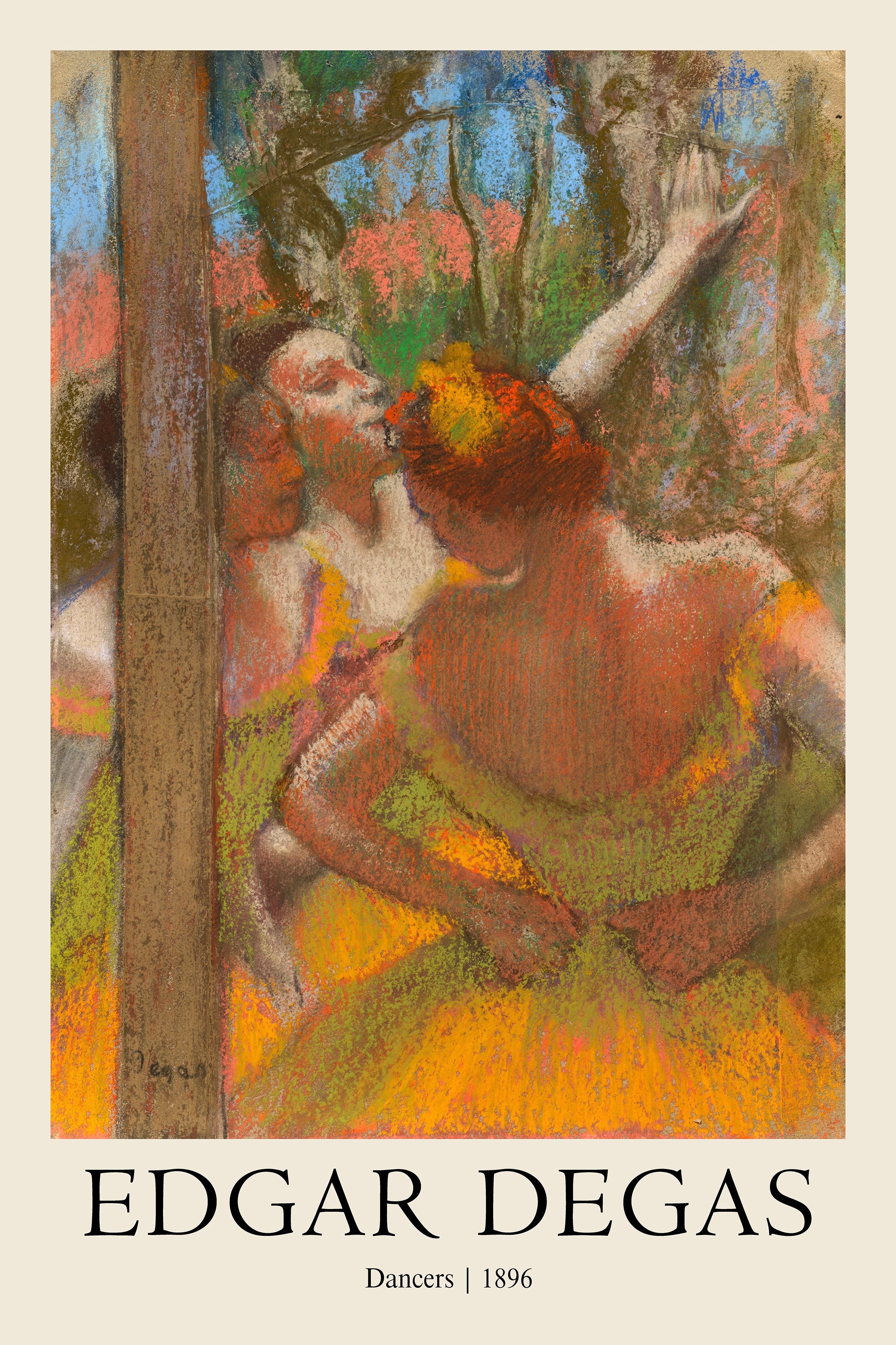 Edgar Degas 1896 pastel painting titled "Dancers," showing ballerinas in rich orange and yellow tutus preparing backstage.