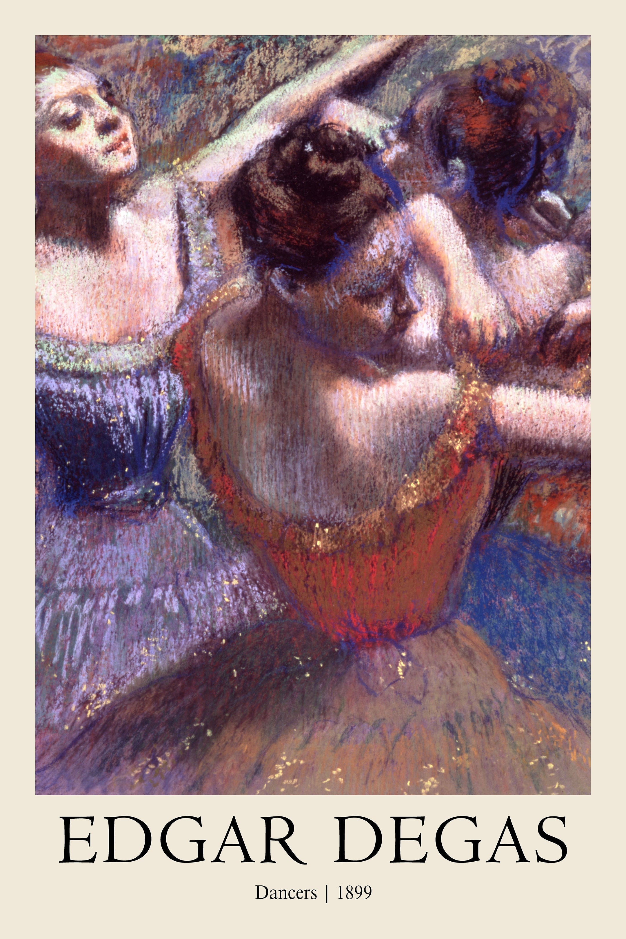 Close-up detail of three ballerinas in red and purple tutus captured in motion using dynamic pastel strokes by Edgar Degas.