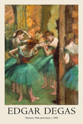Impressionist painting by Edgar Degas showing four ballet dancers in green tutus preparing backstage, featuring soft pink and green brushwork.