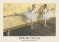 High-quality reproduction of Edgar Degas' 1877 oil painting showing two ballerinas stretching at a ballet barre.