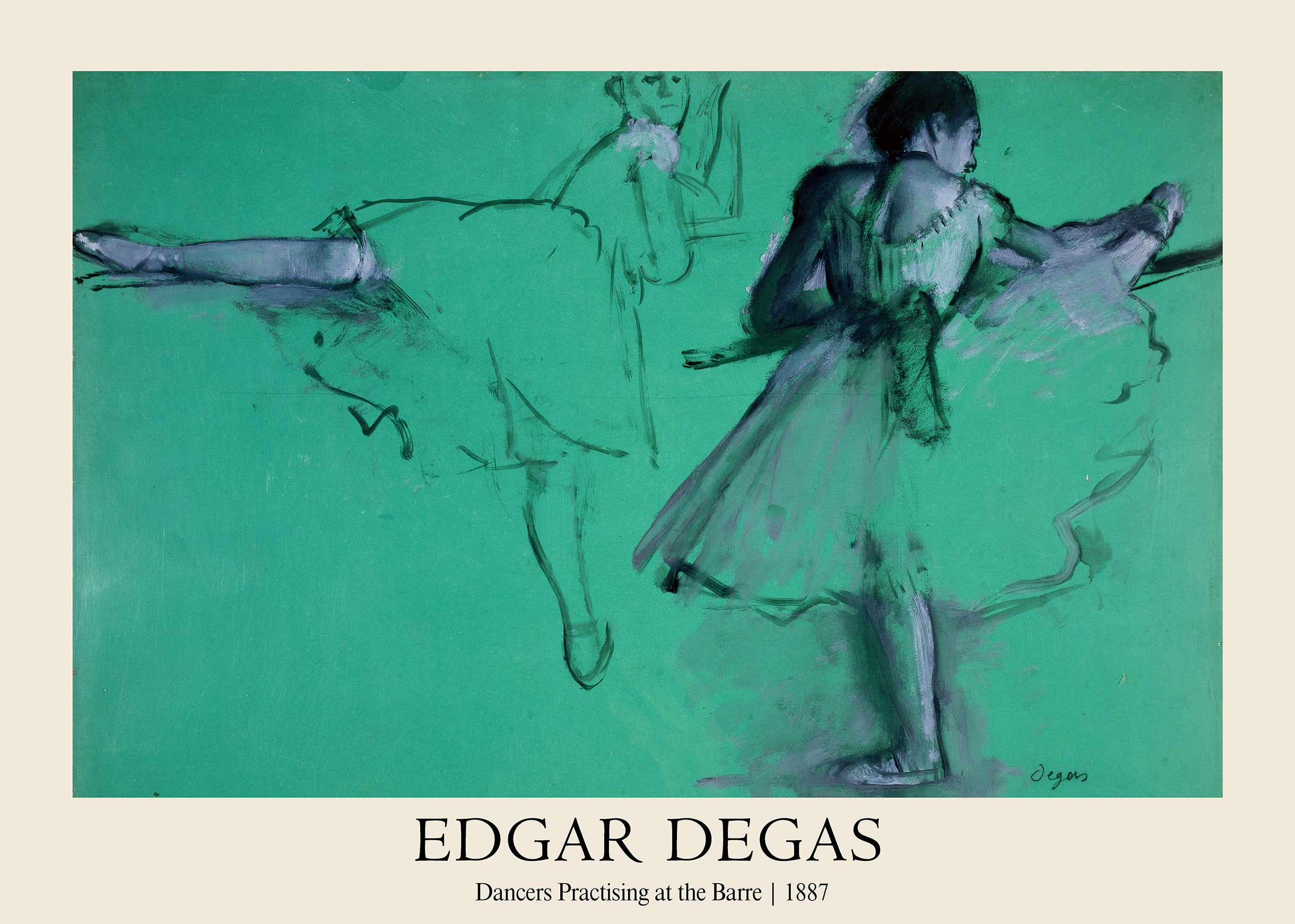 Edgar Degas sketch, "Dancers Practising at the Barre," featuring two ballerinas in charcoal on an intense emerald green background.