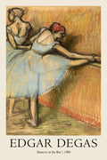 Edgar Degas pastel drawing featuring two ballet dancers in blue tutus stretching at a barre against a yellow and orange textured background.