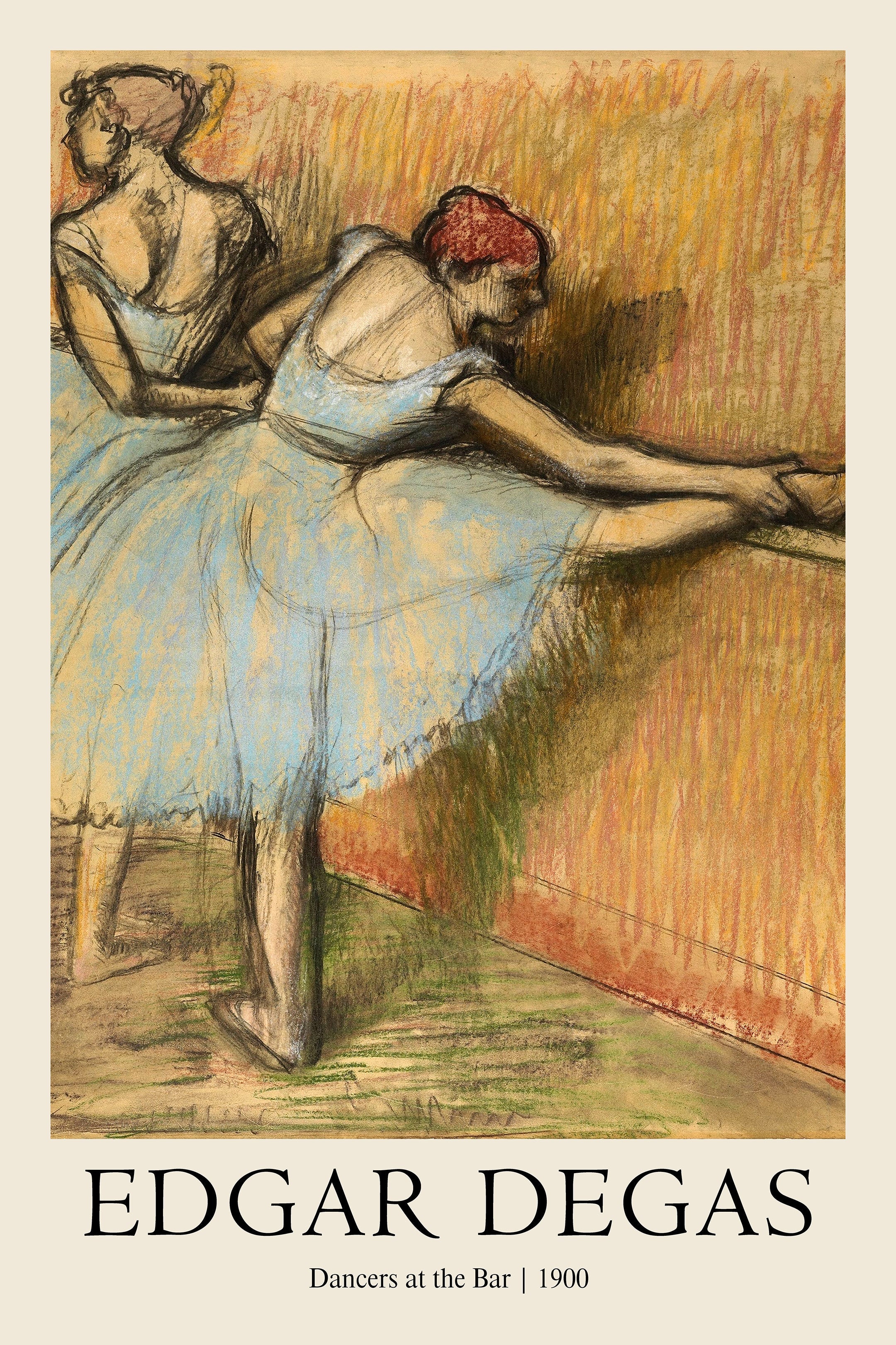 Edgar Degas pastel drawing featuring two ballet dancers in blue tutus stretching at a barre against a yellow and orange textured background.