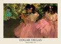 Impressionist painting by Edgar Degas showing a group of ballet dancers in pink tutus resting backstage in 1876, rich in texture.