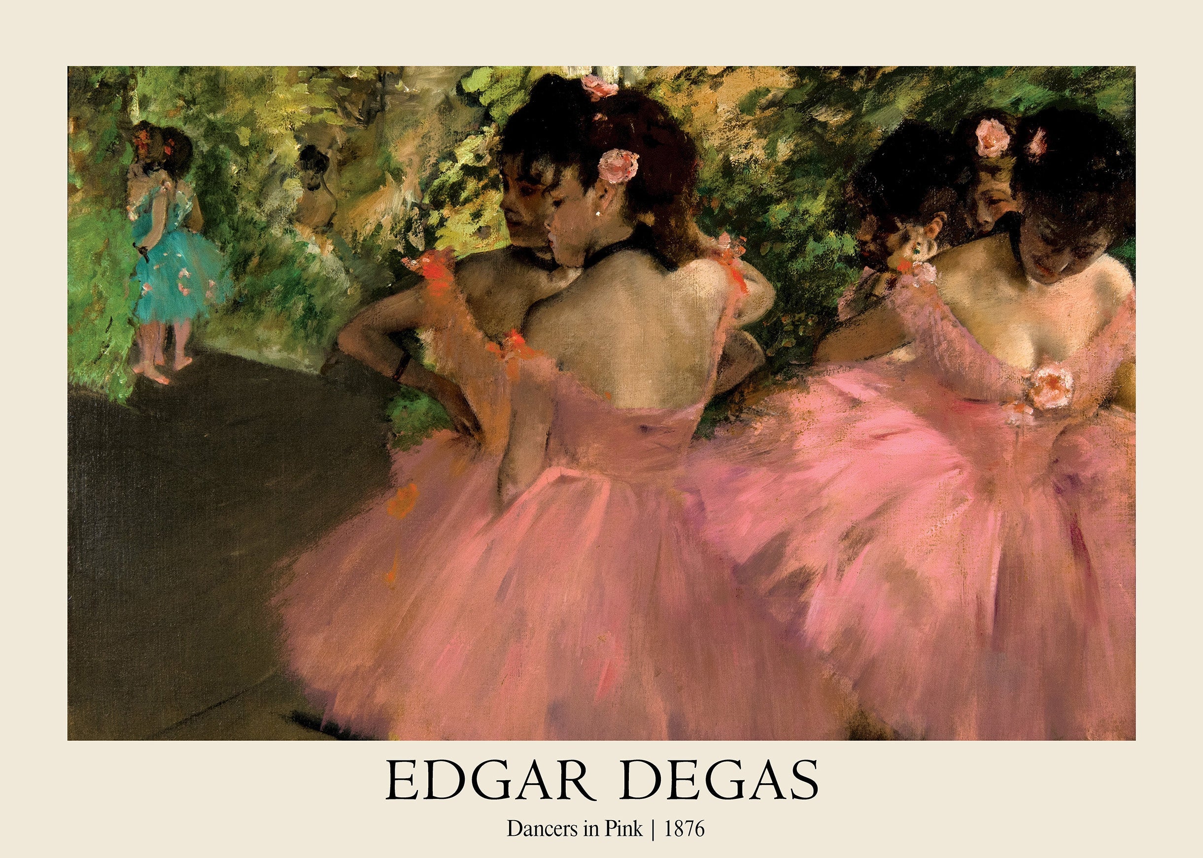Impressionist painting by Edgar Degas showing a group of ballet dancers in pink tutus resting backstage in 1876, rich in texture.