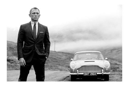 Daniel Craig James Bond Poster with Aston Martin DB5 B&W Print Poster