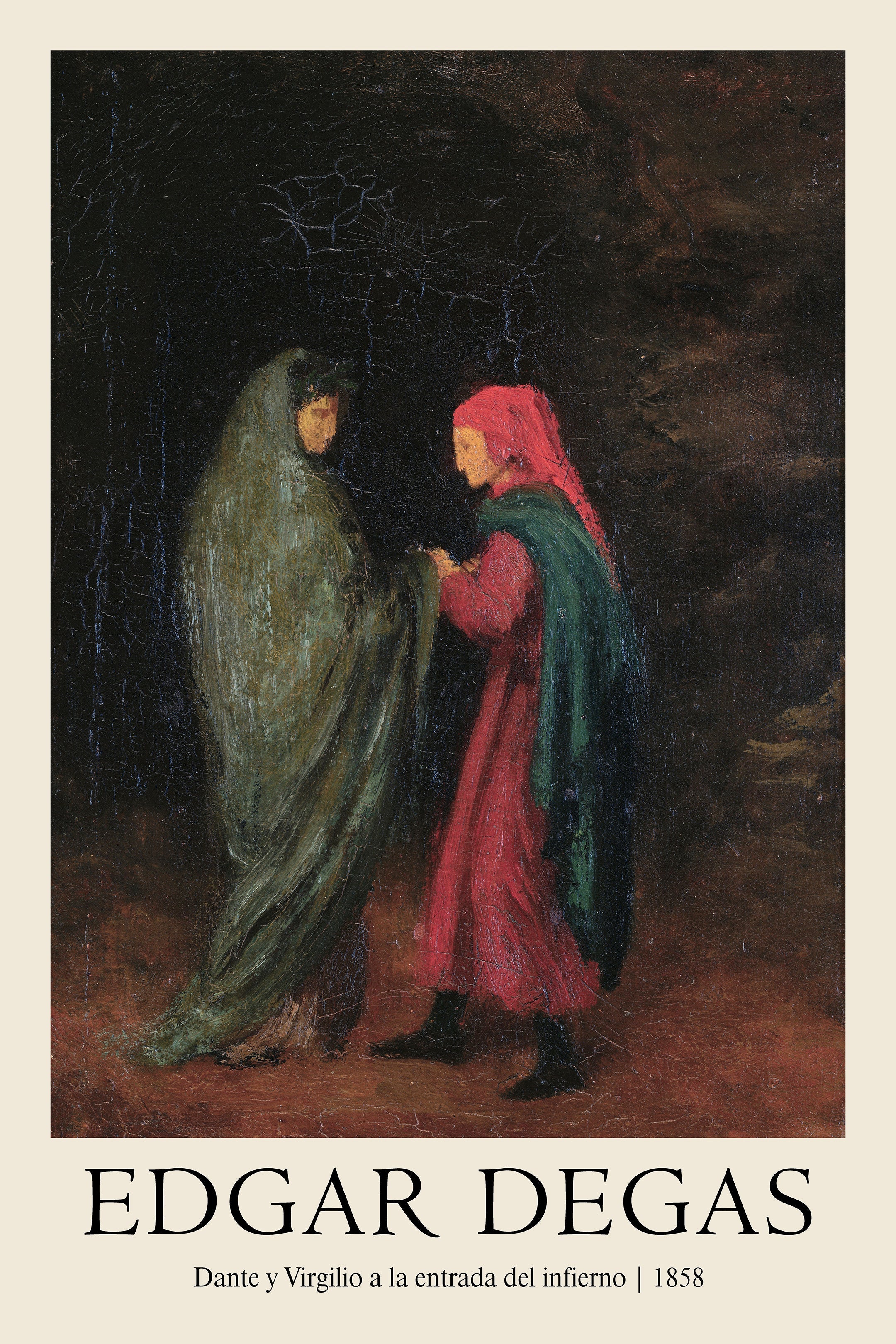 Early 1858 painting by Edgar Degas showing two figures, Dante and Virgil, cloaked in red and green, at the entrance to the underworld against a dark, textured background.