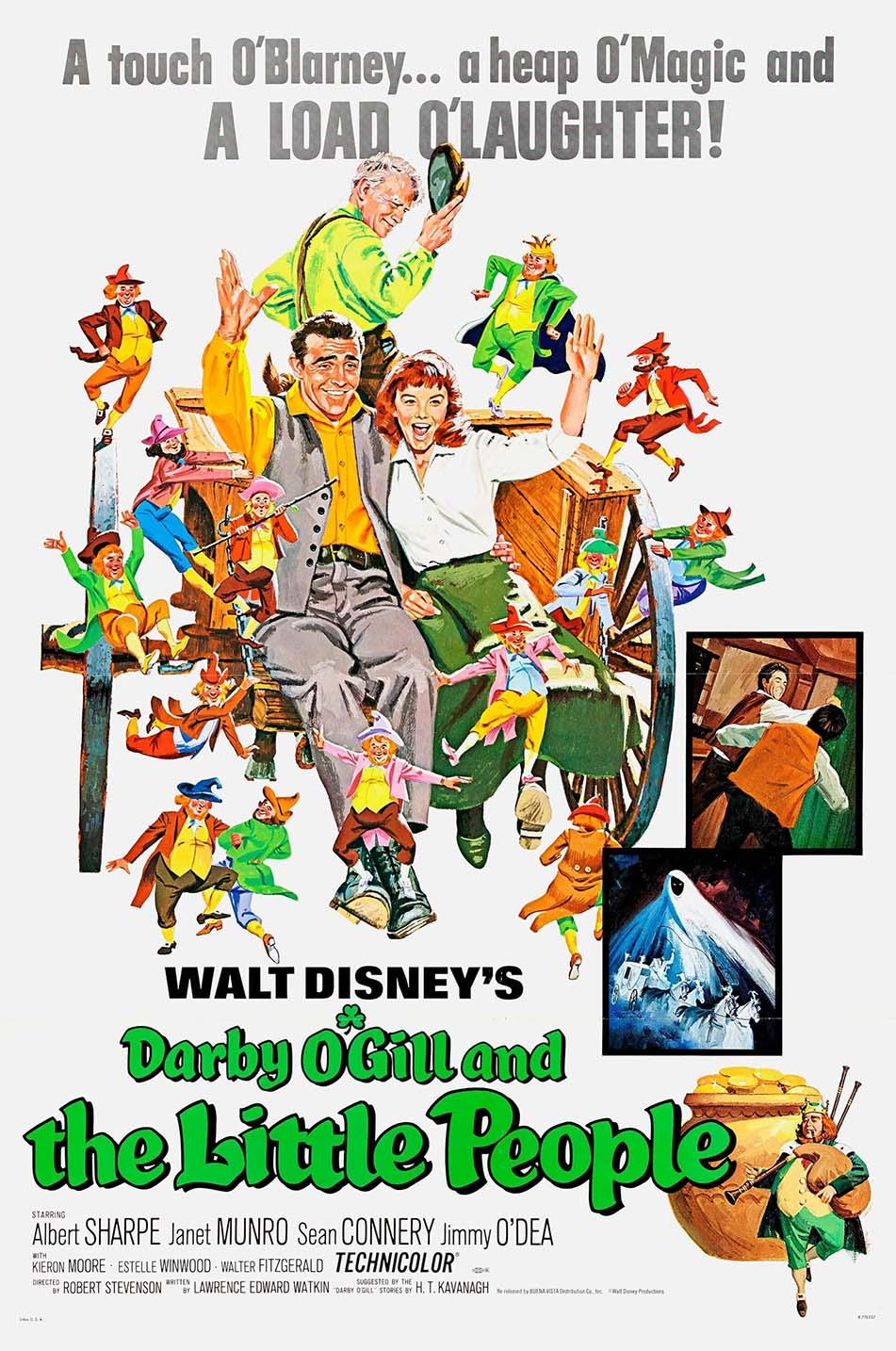 Vintage movie poster for Disney's Darby O'Gill and the Little People, showing the main characters surrounded by colorful leprechauns and the Banshee.