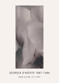 A close-up reproduction of Georgia O'Keeffe's 1927 oil painting, "Dark Iris No. III," showing abstract, swirling folds of white and deep gray floral petals.