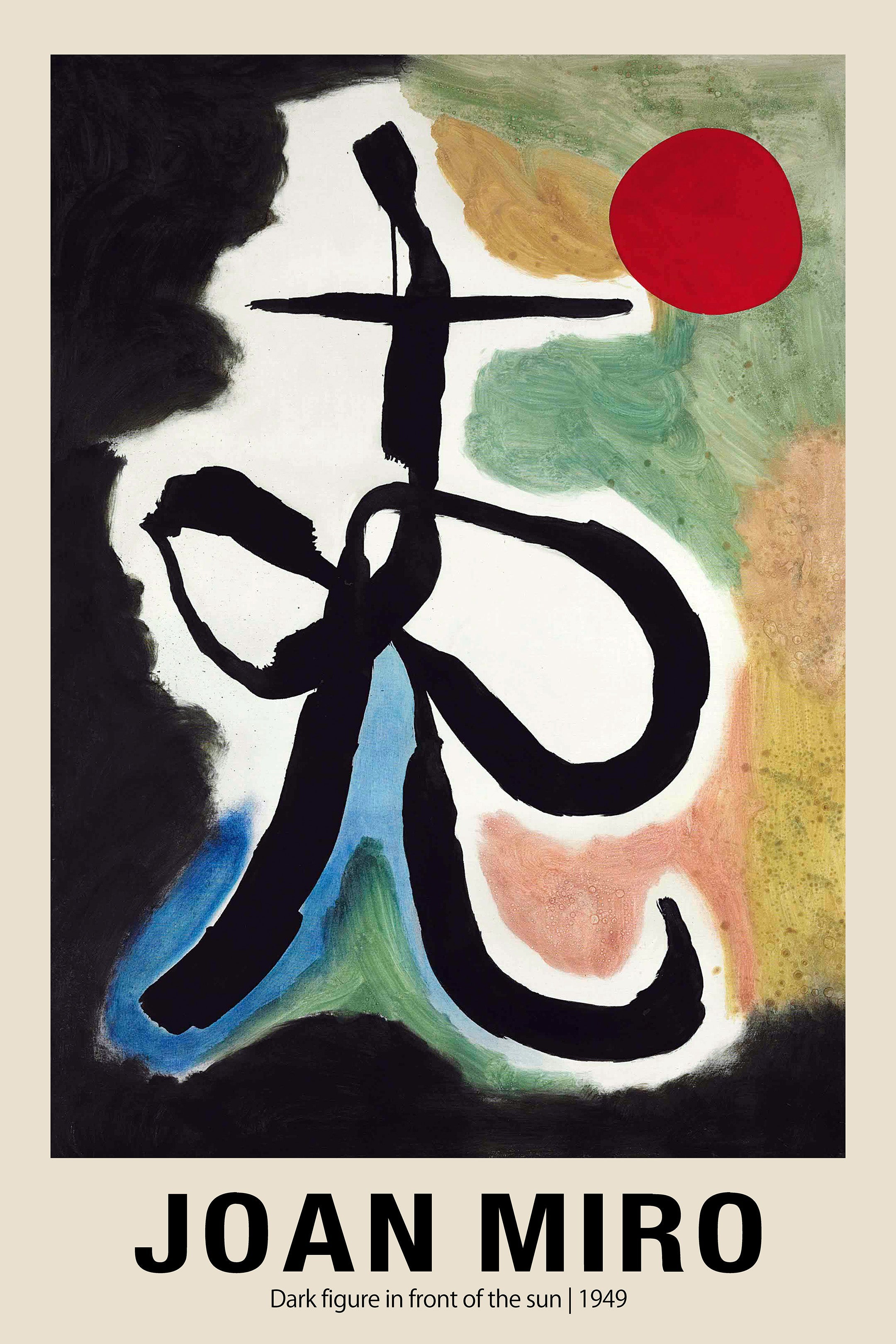 Joan Miró 1949 abstract painting showing a thick black calligraphic figure against a green, yellow, and blue background with a large red sun.
