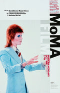 David Bowie in bright blue suit with red hair and blue eye makeup, poster for MoMA Modern Mondays event