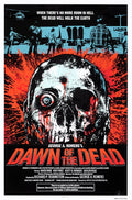 Dawn of the Dead movie poster with large zombie skull, red blood splatter, survivors, and helicopter