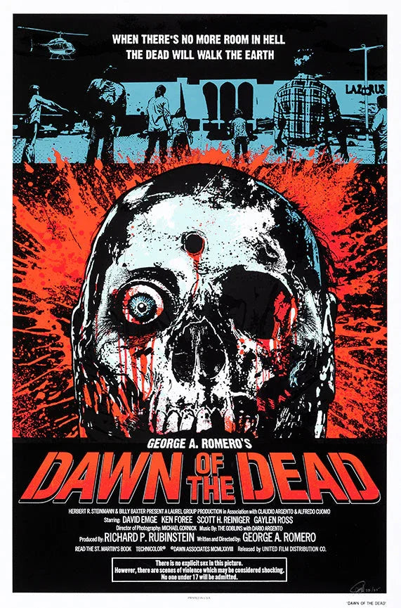Dawn of the Dead movie poster with large zombie skull, red blood splatter, survivors, and helicopter