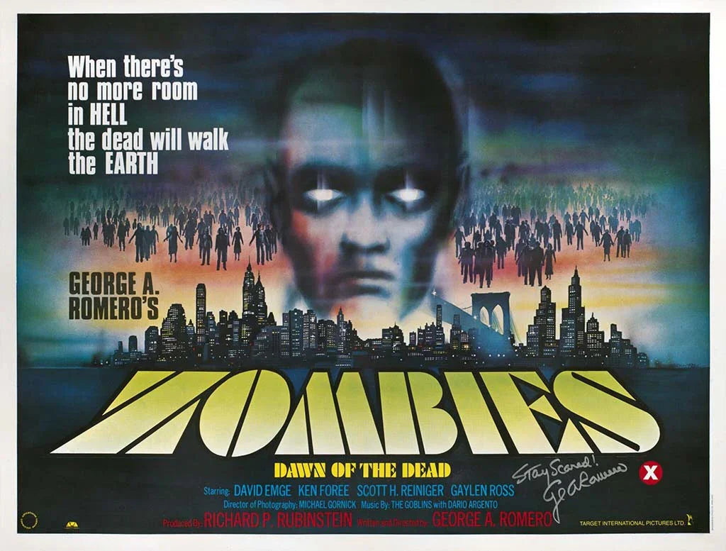 Original theatrical poster for Dawn of the Dead (1978), showing a massive zombie face with glowing eyes and a horde walking over a cityscape.