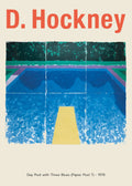 Reproduction poster of David Hockney's 1978 "Day Pool with Three Blues" artwork, featuring a bright blue swimming pool, a yellow diving board shape, and dark green shrubbery.