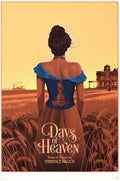 Poster of Days of Heaven showing woman in blue dress standing in wheat field at sunset, house in background