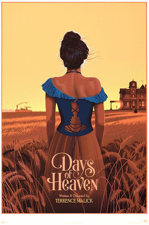 Poster of Days of Heaven showing woman in blue dress standing in wheat field at sunset, house in background
