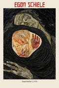 Expressionist drawing by Egon Schiele, Dead Mother I (1910), depicting a gaunt figure in a black shroud clutching a distressed child with bloody hands.