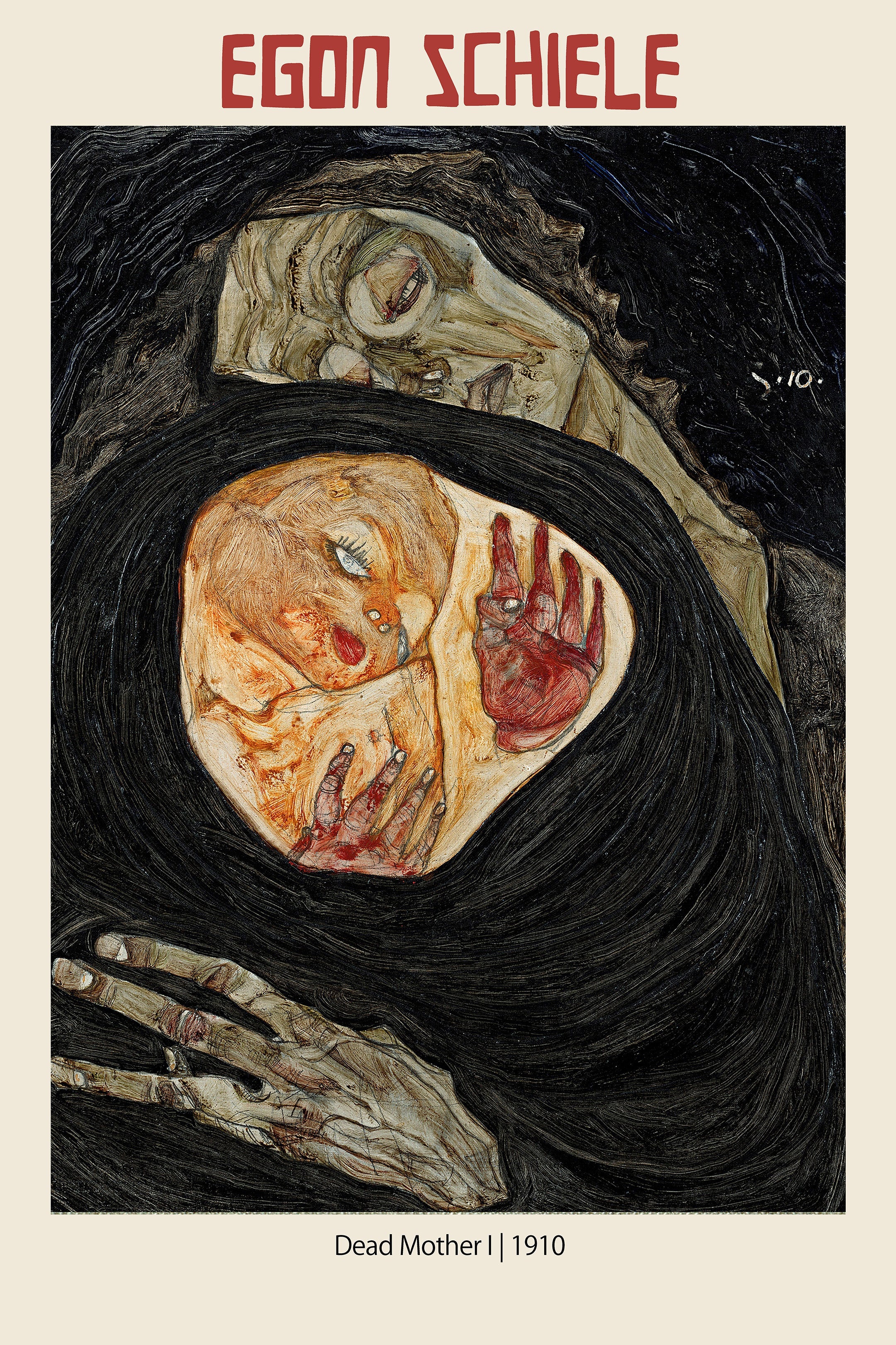 Expressionist drawing by Egon Schiele, Dead Mother I (1910), depicting a gaunt figure in a black shroud clutching a distressed child with bloody hands.