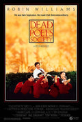 Original Dead Poets Society movie poster showing Robin Williams being lifted by his Welton Academy students outdoors against a golden backdrop.