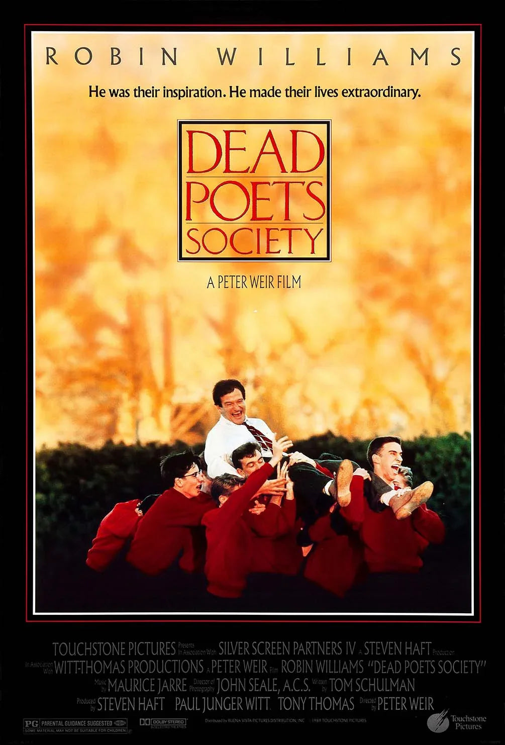 Original Dead Poets Society movie poster showing Robin Williams being lifted by his Welton Academy students outdoors against a golden backdrop.