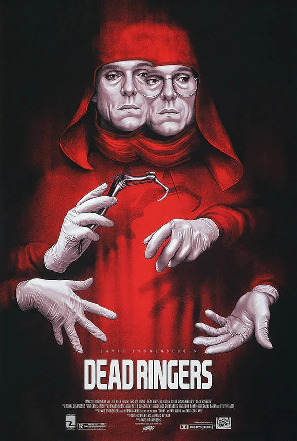 Dead Ringers movie poster showing conjoined twin doctors in red robes with surgical tool and gloved hands