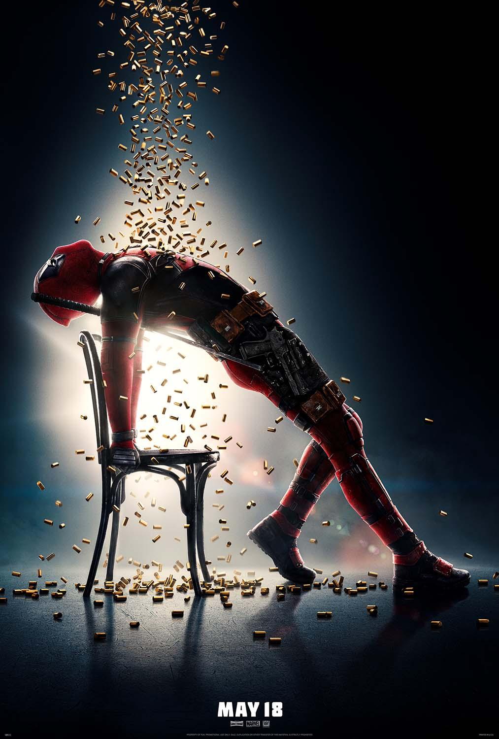 Deadpool 2 "Flashdance" style movie poster showing the anti-hero leaning over a chair as golden bullet casings fall around him.